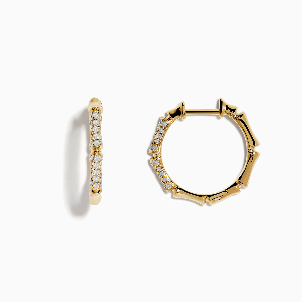 The DOro 14 Karat Yellow Gold 5/8 Diamond Bamboo Hoop Earrings, featuring sparkling diamonds in a bamboo-inspired design, are displayed on a plain white background.