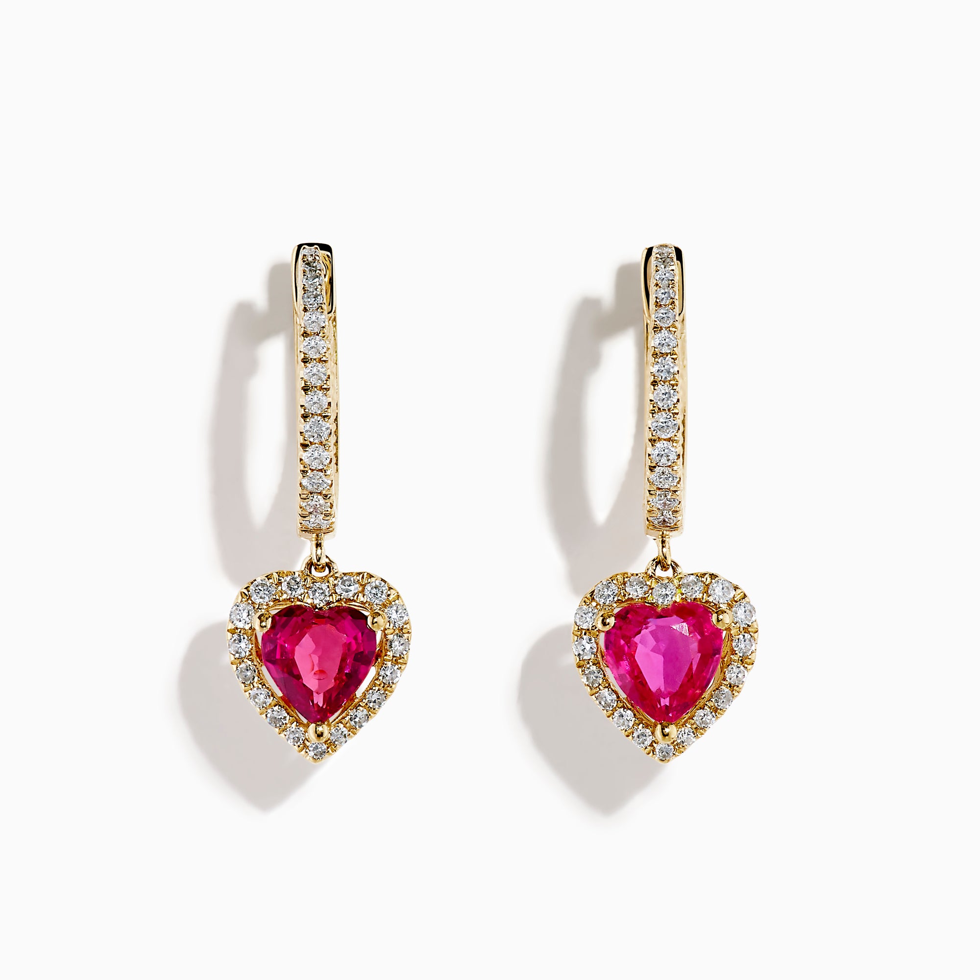 14K Yellow Gold Pink Sapphire and Diamond Heart Dangle Earrings, featuring heart-shaped pink sapphires with diamond halos and diamond-accented hooks, elegantly displayed on a white background.