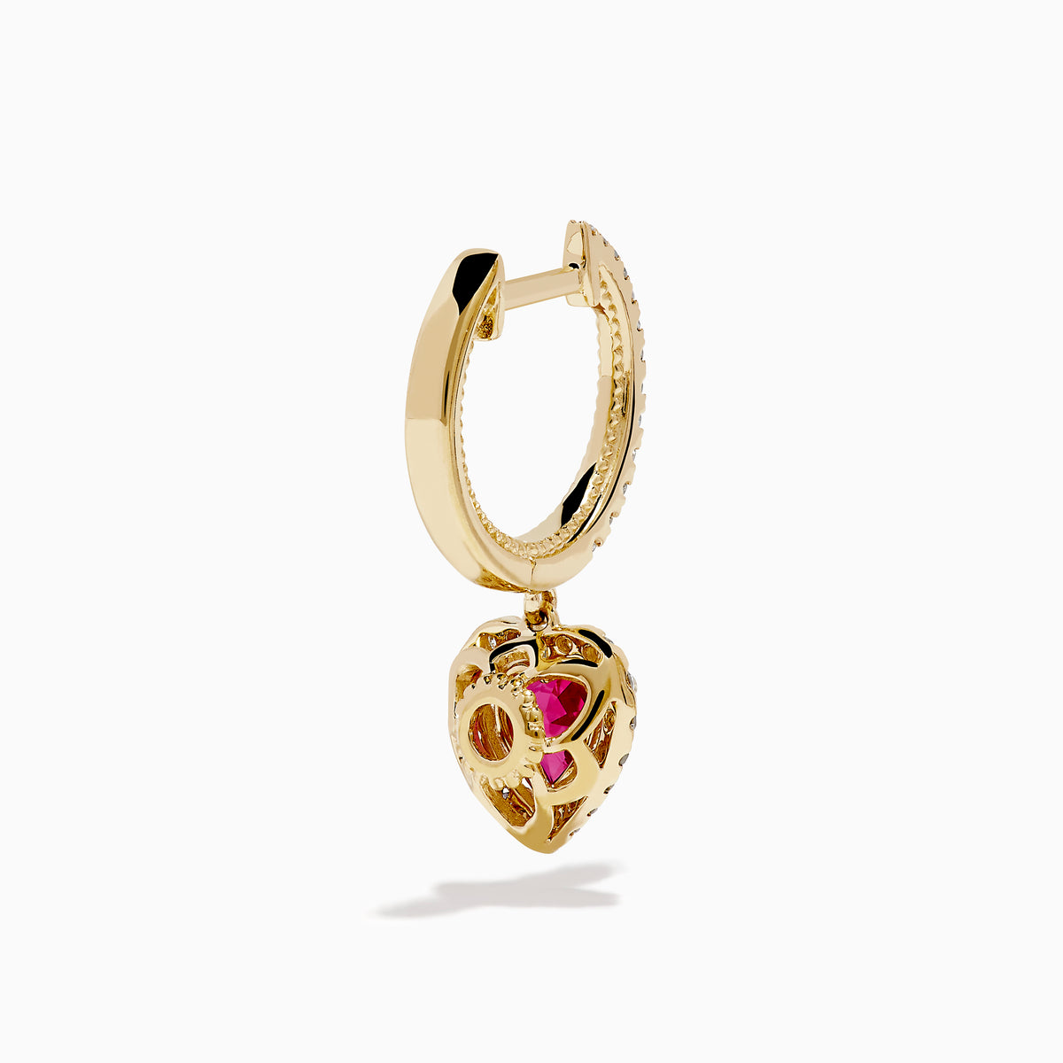 14K Yellow Gold Pink Sapphire and Diamond Heart Dangle Earrings, featuring heart-shaped pink sapphires with diamond halos and diamond-accented hooks, elegantly displayed on a white background.