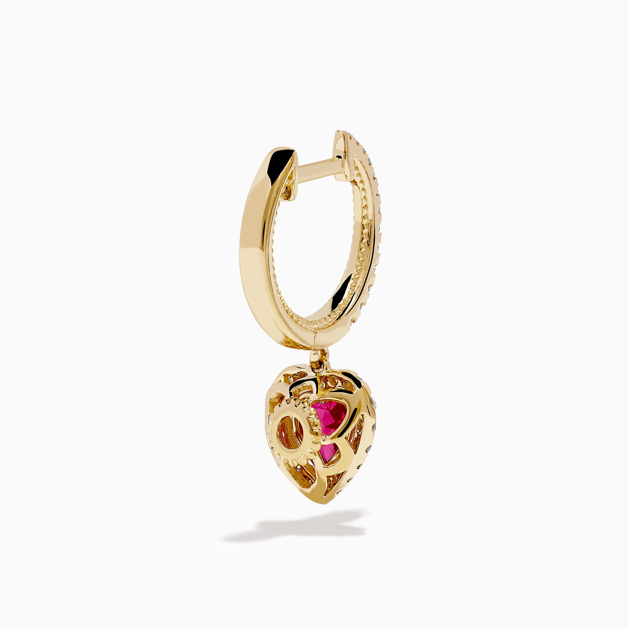 14K Yellow Gold Pink Sapphire and Diamond Heart Dangle Earrings, featuring heart-shaped pink sapphires with diamond halos and diamond-accented hooks, elegantly displayed on a white background.