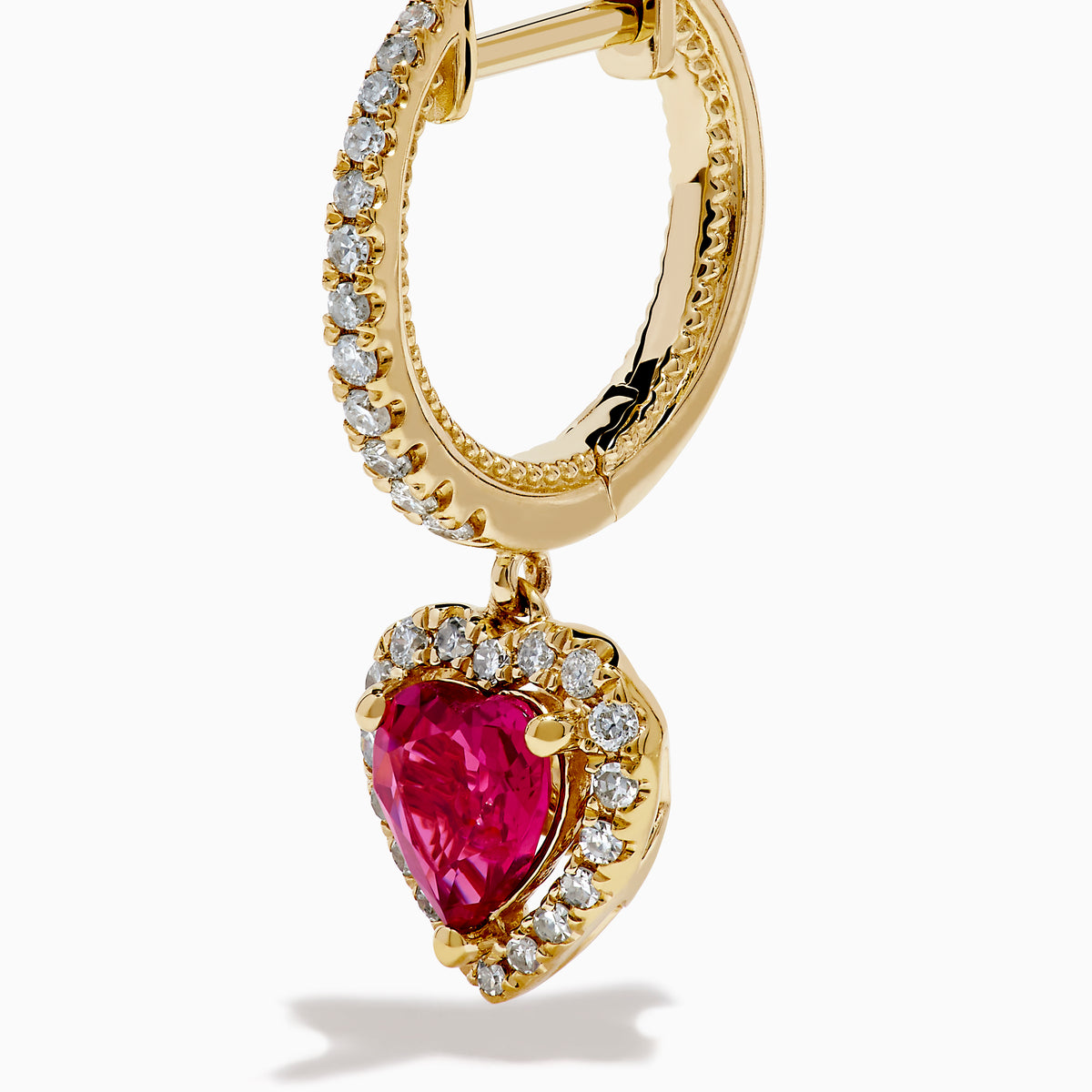 14K Yellow Gold Pink Sapphire and Diamond Heart Dangle Earrings, featuring heart-shaped pink sapphires with diamond halos and diamond-accented hooks, elegantly displayed on a white background.