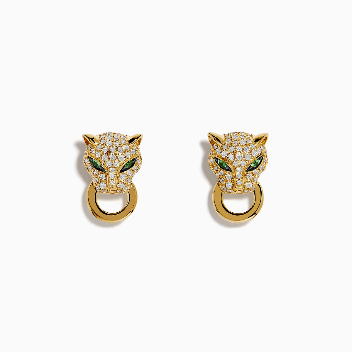 The Signature 14K Yellow Gold Diamond Panther Earrings feature panther heads with green gem eyes, sparkling clear stones, and a gold hoop in each mouth, shown against a white background.