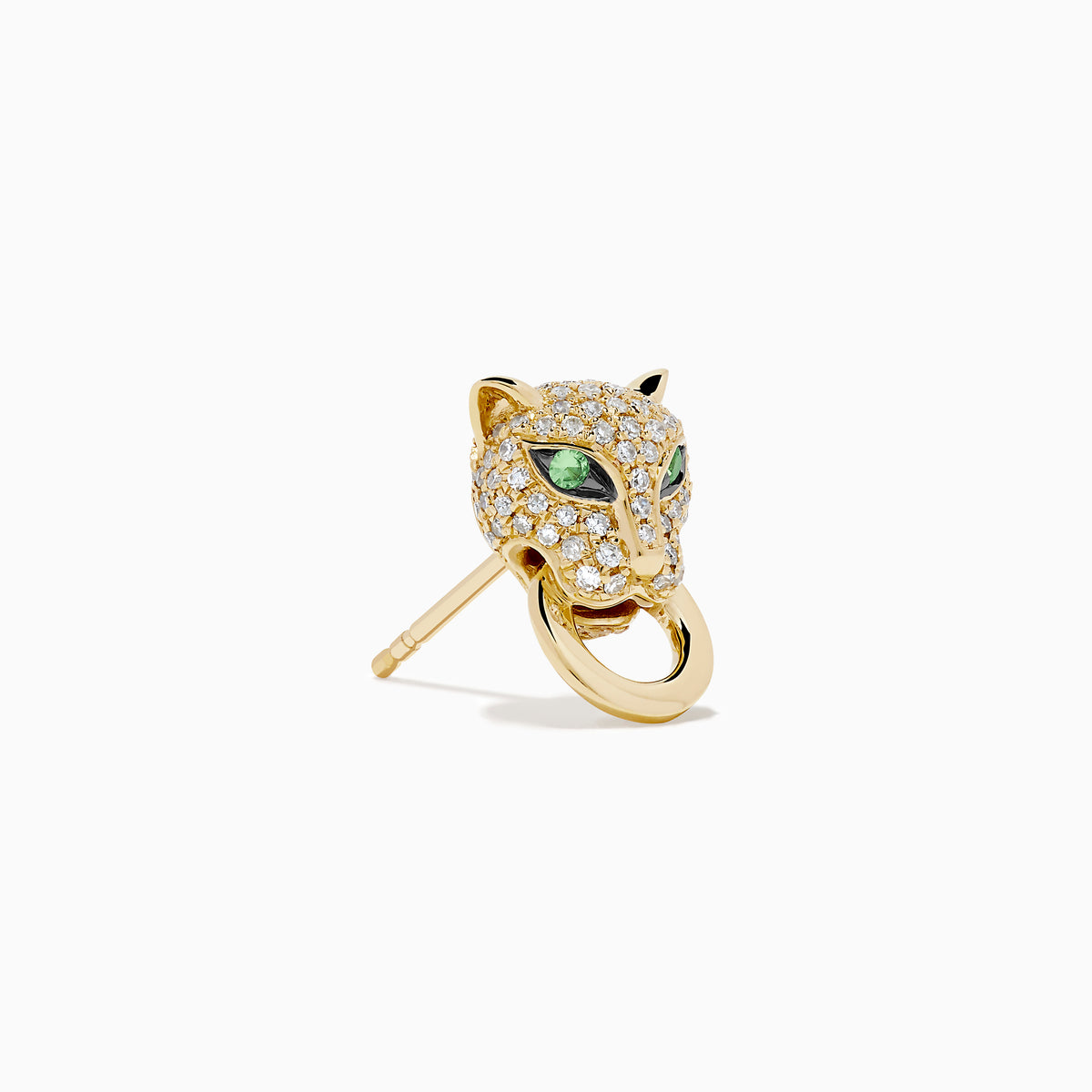 The Signature 14K Yellow Gold Diamond Panther Earrings feature panther heads with green gem eyes, sparkling clear stones, and a gold hoop in each mouth, shown against a white background.