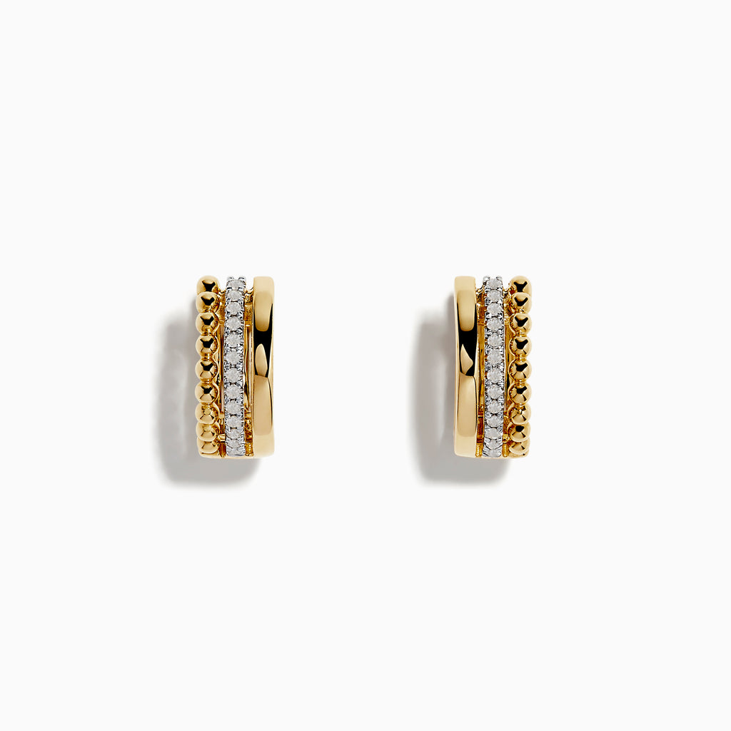A pair of 14K Yellow Gold 1/2 Diamond Huggie Earrings (0.13 TCW) featuring textured gold beads and sparkling white stones, displayed against a plain white background.