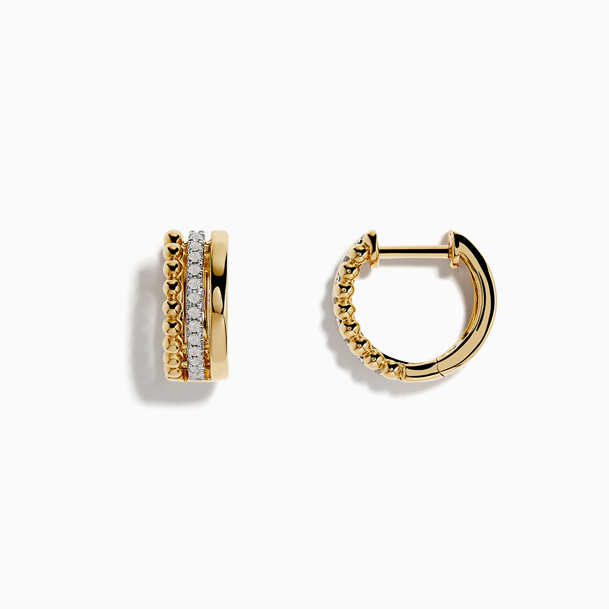 A pair of 14K Yellow Gold 1/2 Diamond Huggie Earrings (0.13 TCW) featuring textured gold beads and sparkling white stones, displayed against a plain white background.