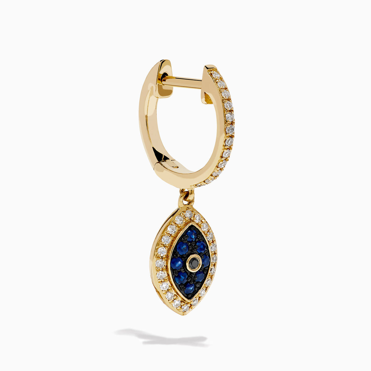 14K Yellow Gold Blue Sapphire, White and Black Diamond Evil Eye Earrings feature a marquise-shaped design with sparkling gemstones on each hoop for a stylish and protective accessory.