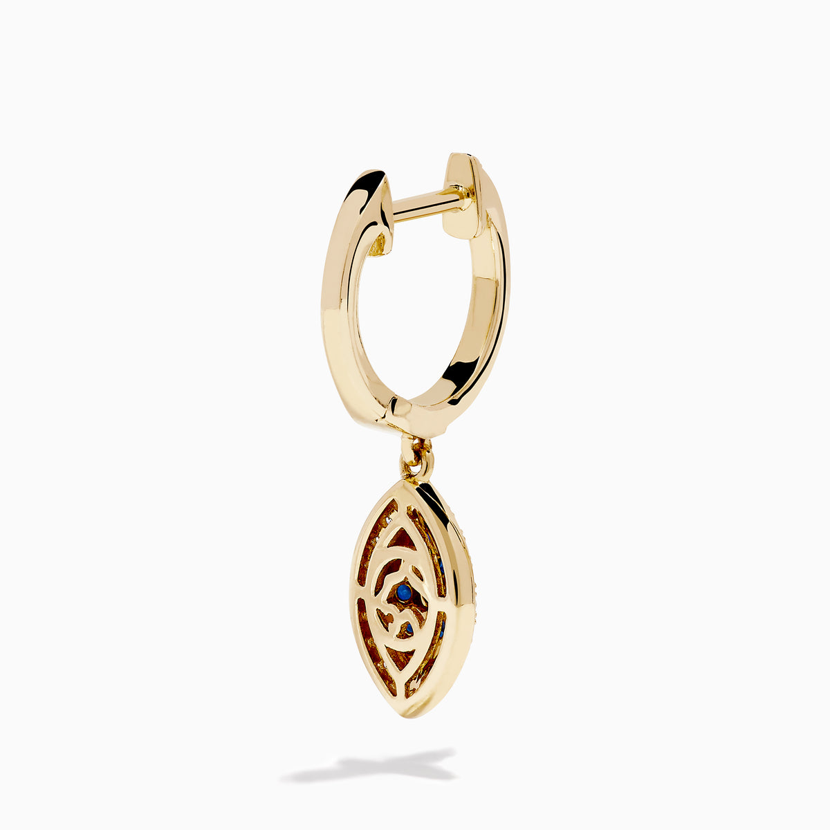 14K Yellow Gold Blue Sapphire, White and Black Diamond Evil Eye Earrings feature a marquise-shaped design with sparkling gemstones on each hoop for a stylish and protective accessory.