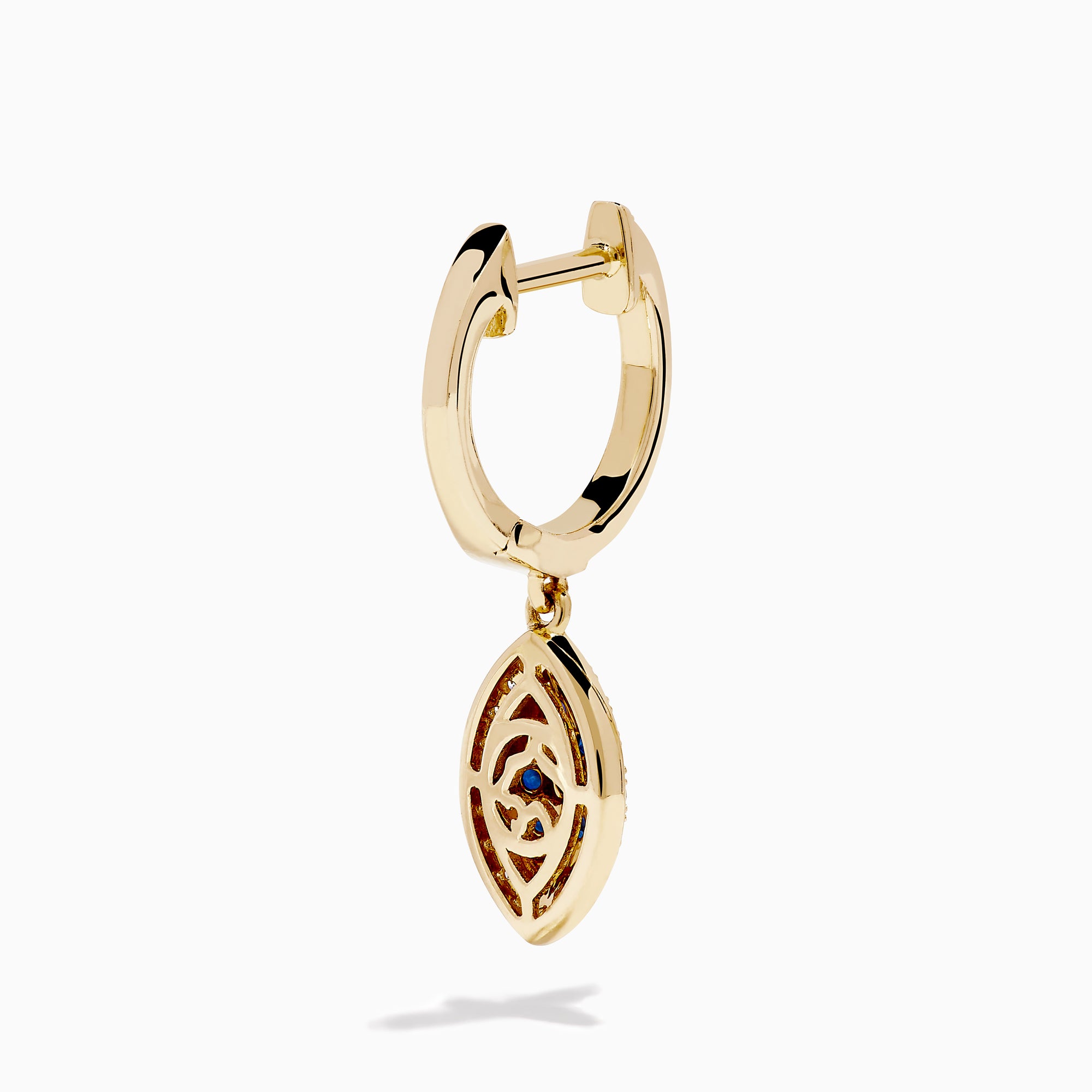 14K Yellow Gold Blue Sapphire, White and Black Diamond Evil Eye Earrings feature a marquise-shaped design with sparkling gemstones on each hoop for a stylish and protective accessory.