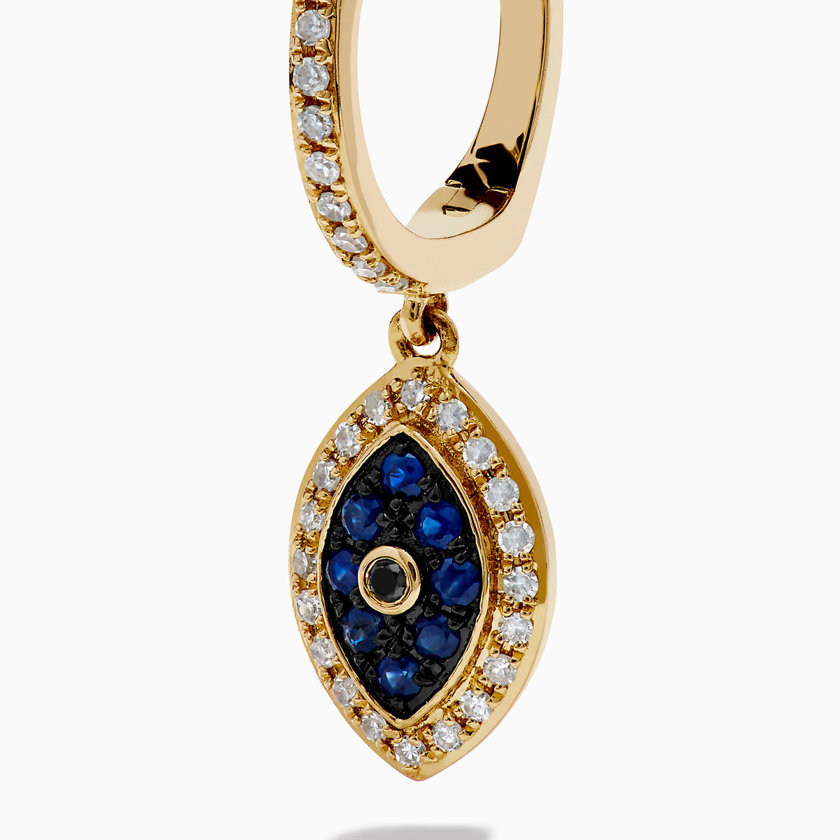 14K Yellow Gold Blue Sapphire, White and Black Diamond Evil Eye Earrings feature a marquise-shaped design with sparkling gemstones on each hoop for a stylish and protective accessory.