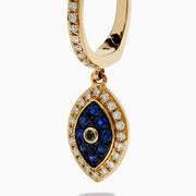 14K Yellow Gold Blue Sapphire, White and Black Diamond Evil Eye Earrings feature a marquise-shaped design with sparkling gemstones on each hoop for a stylish and protective accessory.