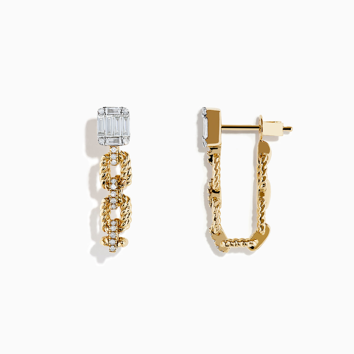 The DOro 14K Yellow Gold Chain Link Diamond Earrings showcase rectangular diamond studs with two interlocking gold chain links dangling below, set against a white background.