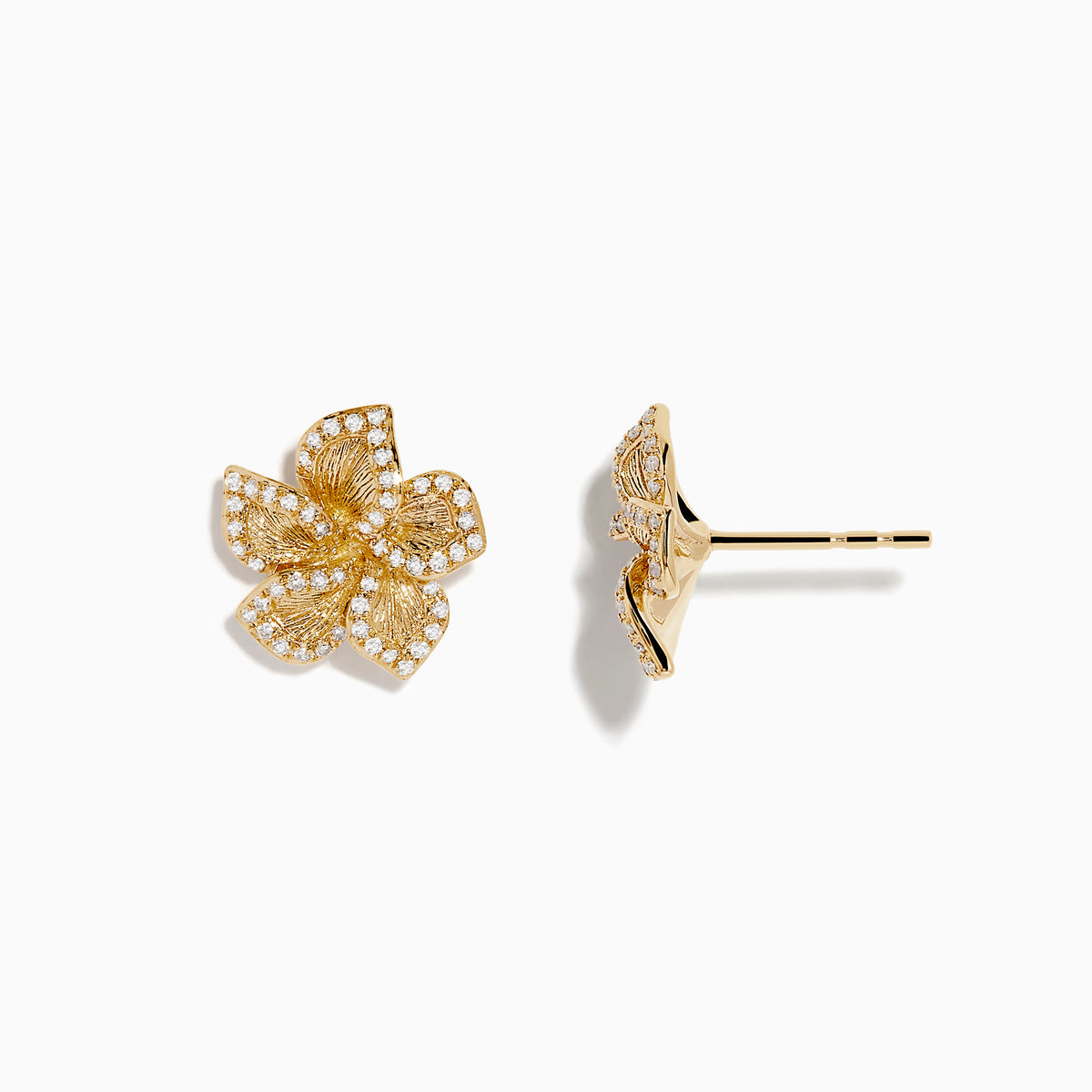 The Nature 14K Yellow Gold Diamond Flower Earrings feature intricate petal detailing and sparkling diamonds, beautifully displayed on a plain white background.