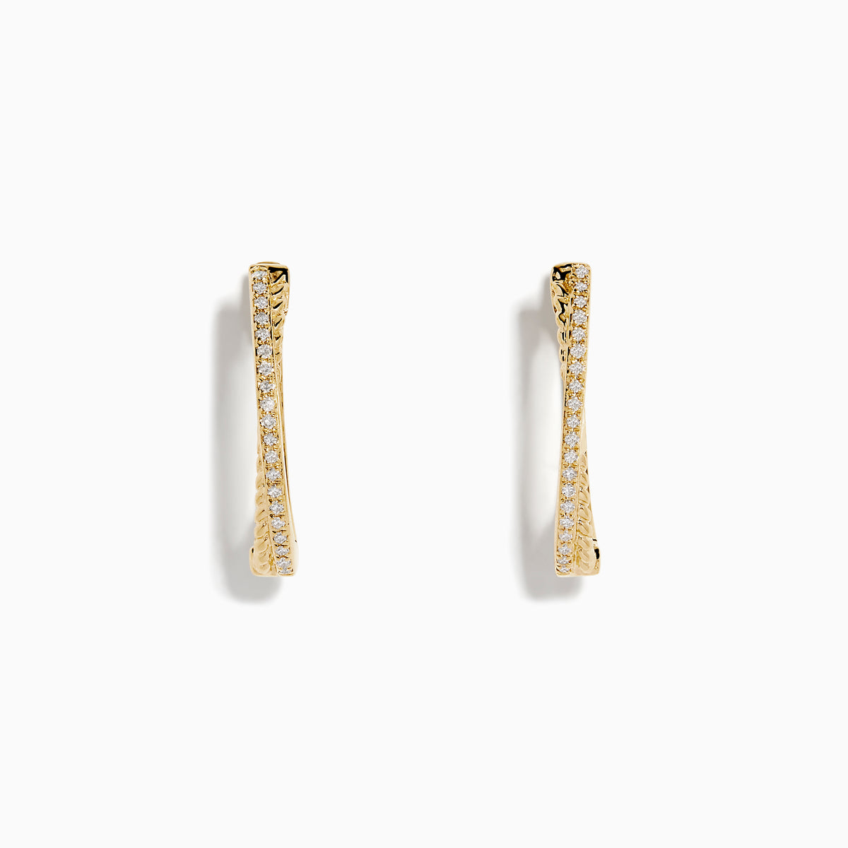 The DOro 14K Yellow Gold Diamond Hoop Earrings feature a subtle curve and sparkling diamonds along the front edge, beautifully showcased against a plain white background.
