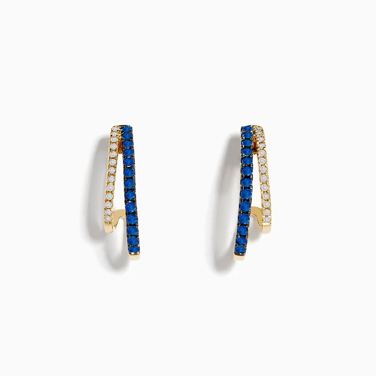 The Royal Bleu 14K Yellow Gold Sapphire and Diamond Double Hoop Earrings feature a zigzag design with sparkling sapphires and white stones, shown against a white background.