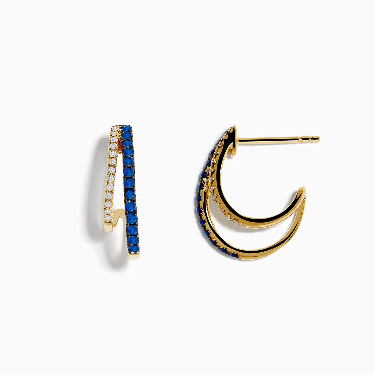 The Royal Bleu 14K Yellow Gold Sapphire and Diamond Double Hoop Earrings feature a zigzag design with sparkling sapphires and white stones, shown against a white background.