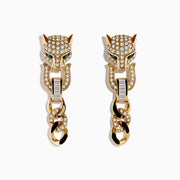 Signature 14K Yellow Gold Diamond and Emerald Panther Earrings feature panther heads with green emerald eyes, diamond accents, and hanging chain links—delivering a bold, elegant look.