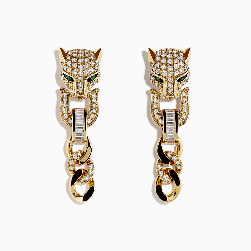 Signature 14K Yellow Gold Diamond and Emerald Panther Earrings feature panther heads with green emerald eyes, diamond accents, and hanging chain links—delivering a bold, elegant look.
