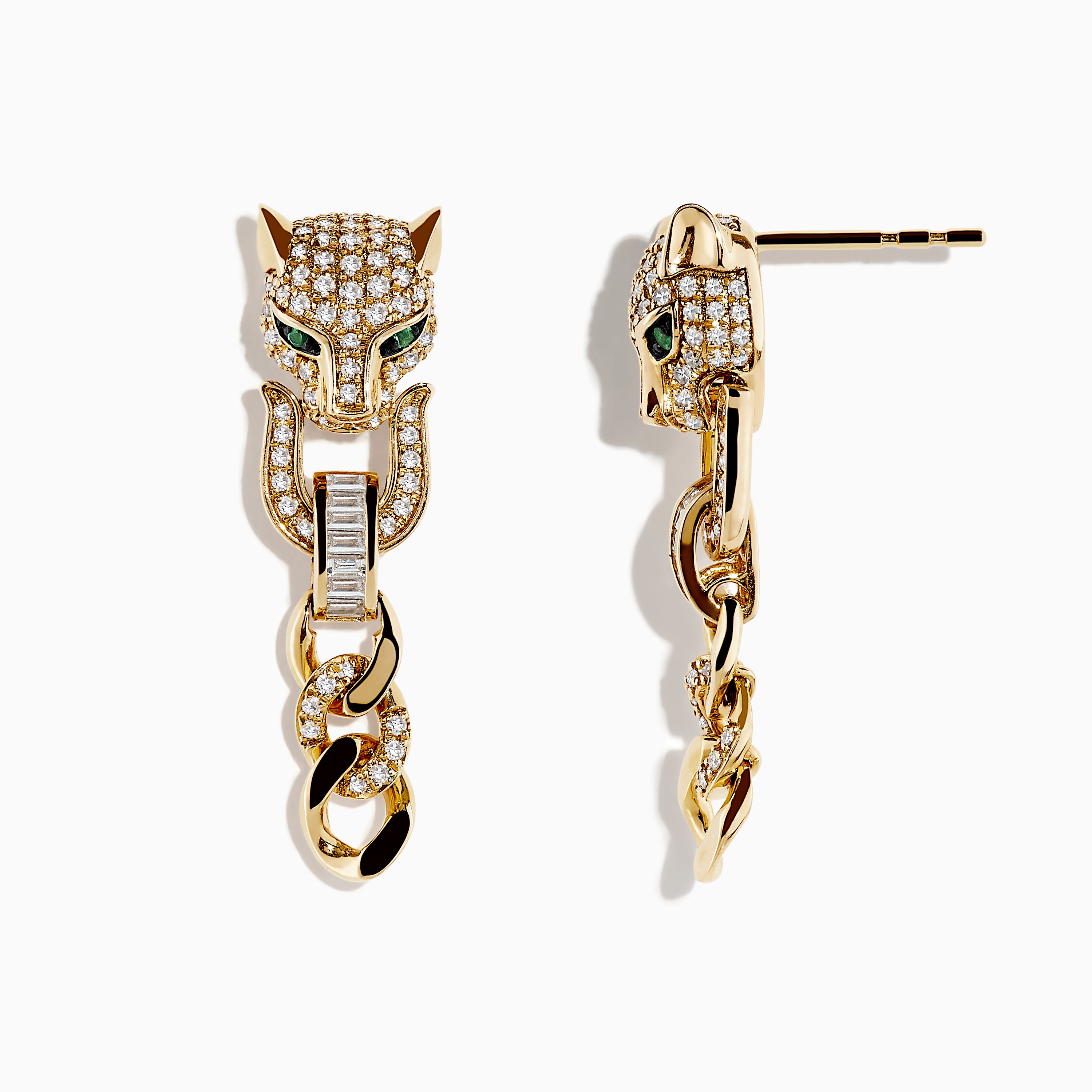 Signature 14K Yellow Gold Diamond and Emerald Panther Earrings feature panther heads with green emerald eyes, diamond accents, and hanging chain links—delivering a bold, elegant look.
