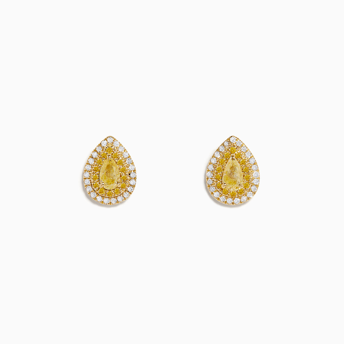 The 14K Yellow Gold White and Yellow Diamond Pear Stud Earrings feature teardrop shapes with double halos of white stones, capturing timeless elegance. Shown against a plain white background.