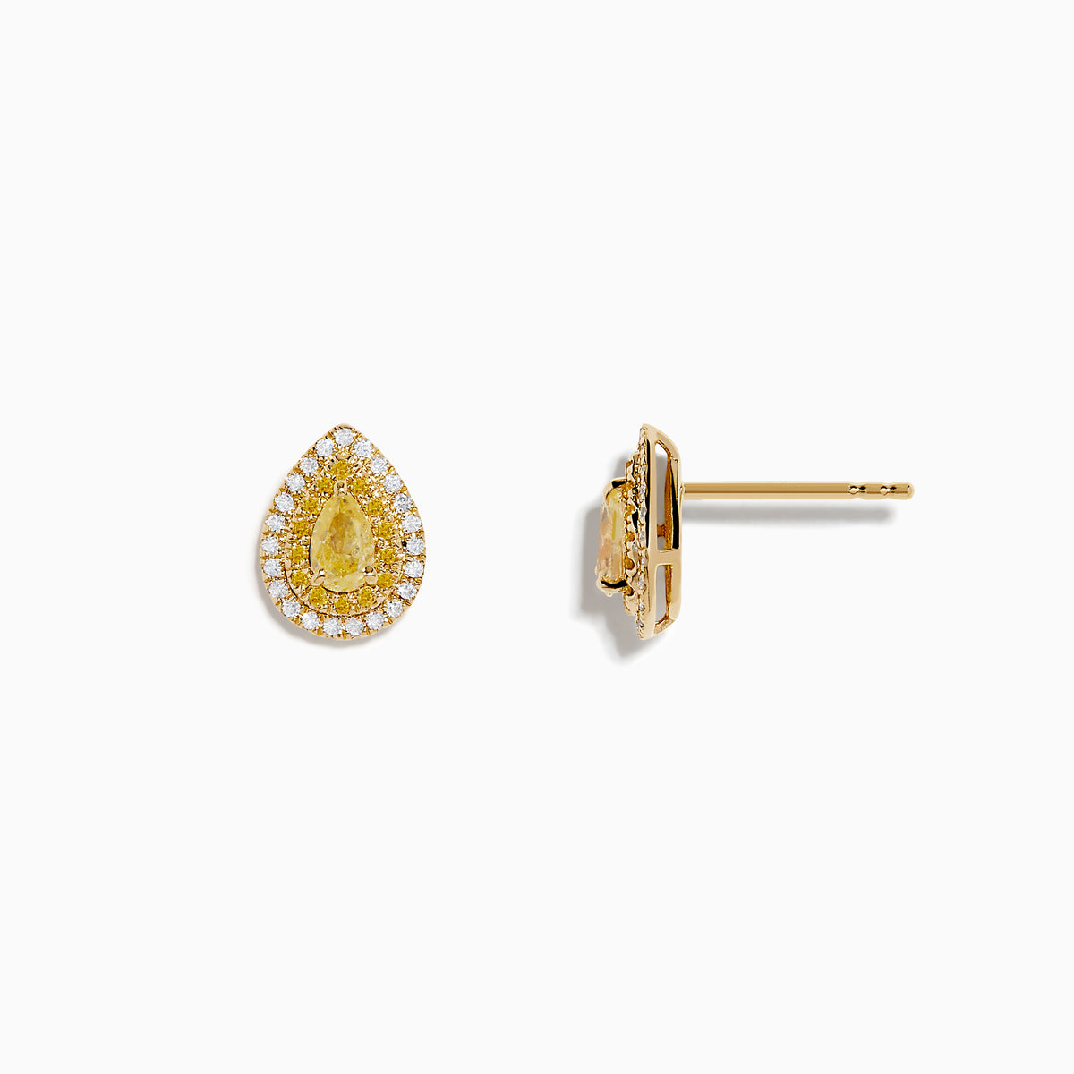 The 14K Yellow Gold White and Yellow Diamond Pear Stud Earrings feature teardrop shapes with double halos of white stones, capturing timeless elegance. Shown against a plain white background.