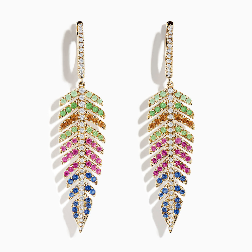 Watercolors 14K Yellow Gold Multi Sapphire and Diamond Leaf Earrings feature green, yellow, pink, and blue sapphires with clear diamonds lining the stems and hooks, set against a white background.