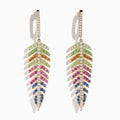 Watercolors 14K Yellow Gold Multi Sapphire and Diamond Leaf Earrings feature green, yellow, pink, and blue sapphires with clear diamonds lining the stems and hooks, set against a white background.