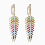 Watercolors 14K Yellow Gold Multi Sapphire and Diamond Leaf Earrings feature green, yellow, pink, and blue sapphires with clear diamonds lining the stems and hooks, set against a white background.