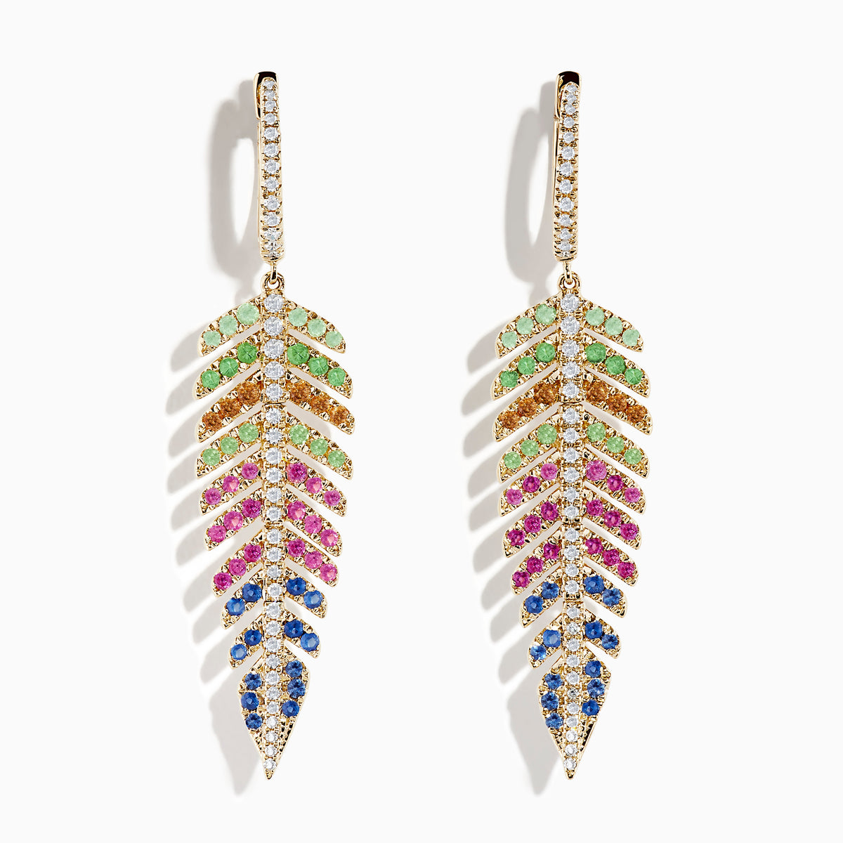 Watercolors 14K Yellow Gold Multi Sapphire and Diamond Leaf Earrings feature green, yellow, pink, and blue sapphires with clear diamonds lining the stems and hooks, set against a white background.