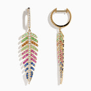 Watercolors 14K Yellow Gold Multi Sapphire and Diamond Leaf Earrings feature green, yellow, pink, and blue sapphires with clear diamonds lining the stems and hooks, set against a white background.