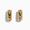 A pair of Watercolor 14k yellow gold bezel set multi sapphire earrings, accented with small white diamonds, displayed on a plain white background.