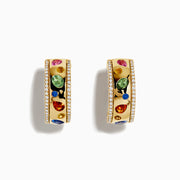 A pair of Watercolor 14k yellow gold bezel set multi sapphire earrings, accented with small white diamonds, displayed on a plain white background.
