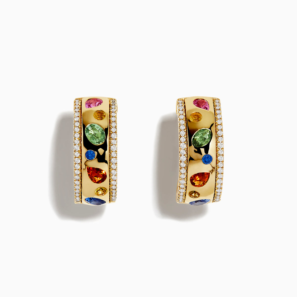 A pair of Watercolor 14k yellow gold bezel set multi sapphire earrings, accented with small white diamonds, displayed on a plain white background.