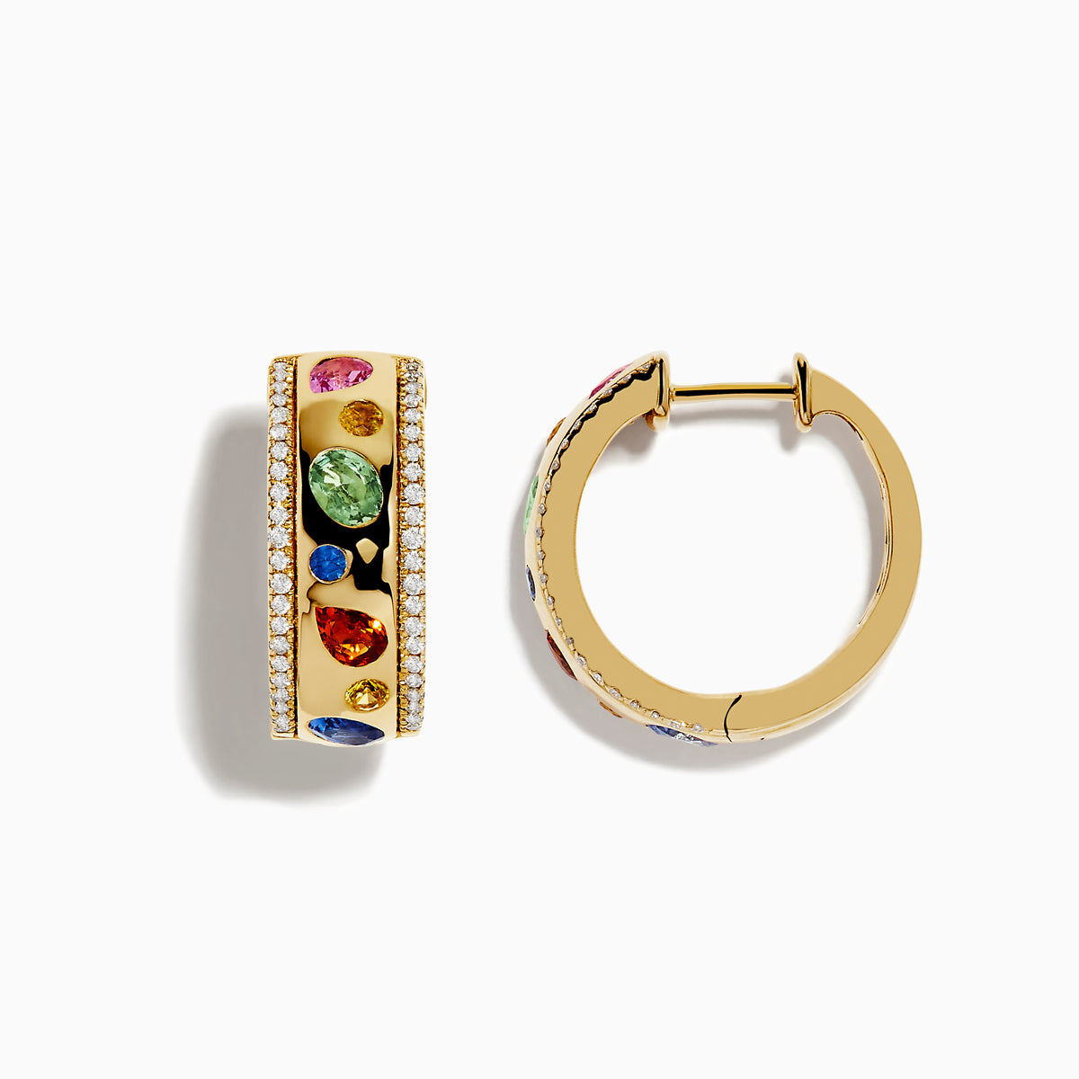 A pair of Watercolor 14k yellow gold bezel set multi sapphire earrings, accented with small white diamonds, displayed on a plain white background.