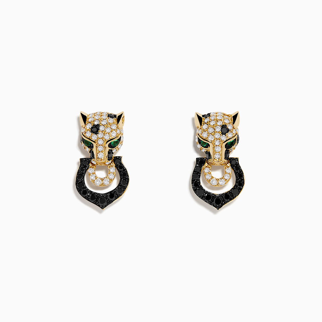 The Signature 14K Yellow Gold White and Black Diamond Panther Earrings feature panther head designs with white and black diamonds, green eye accents, and each holds a black circular ring in its mouth.