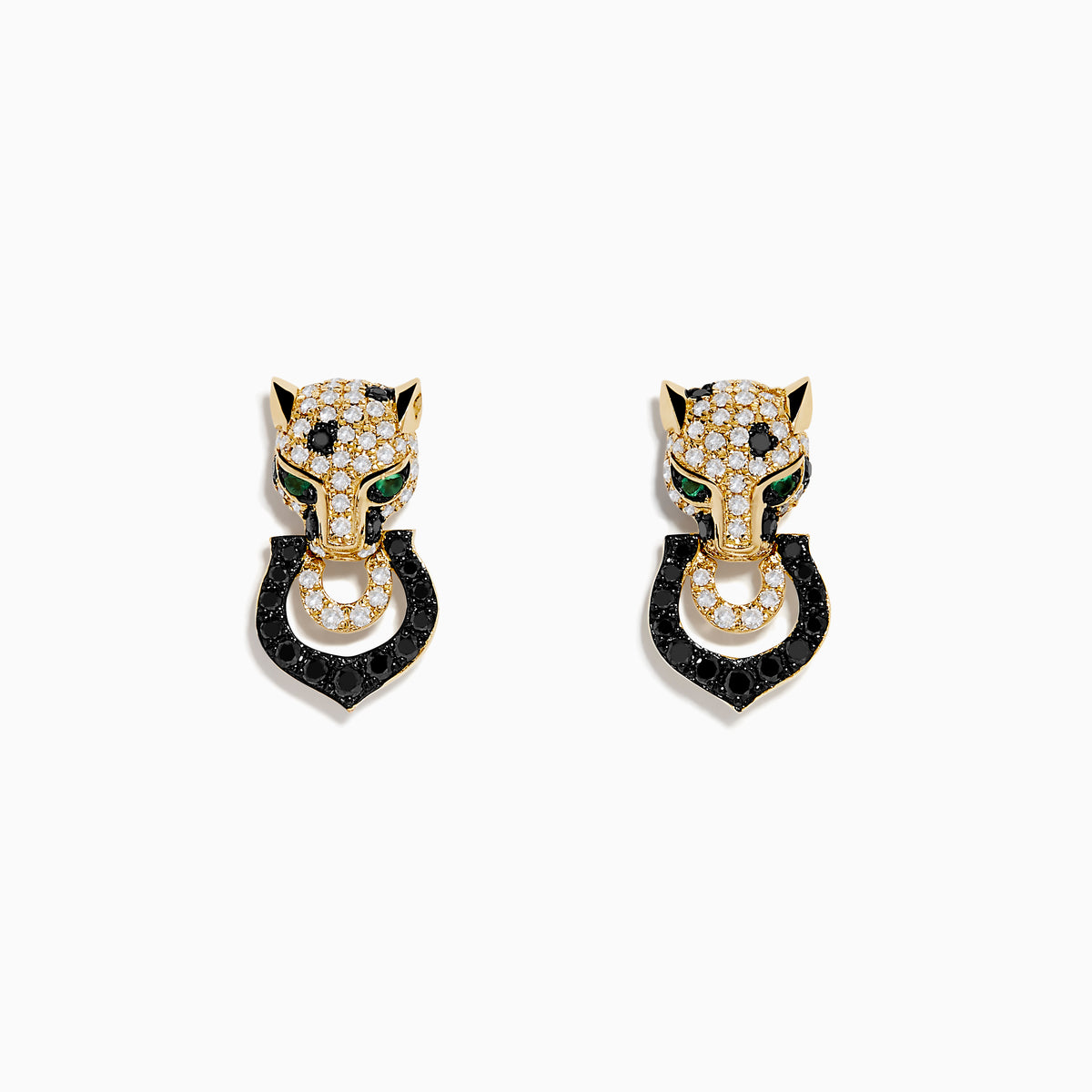 The Signature 14K Yellow Gold White and Black Diamond Panther Earrings feature panther head designs with white and black diamonds, green eye accents, and each holds a black circular ring in its mouth.