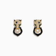 The Signature 14K Yellow Gold White and Black Diamond Panther Earrings feature panther head designs with white and black diamonds, green eye accents, and each holds a black circular ring in its mouth.