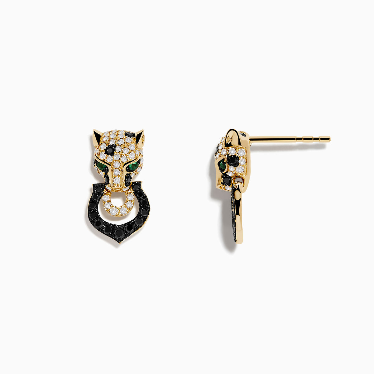 The Signature 14K Yellow Gold White and Black Diamond Panther Earrings feature panther head designs with white and black diamonds, green eye accents, and each holds a black circular ring in its mouth.