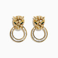 The Signature 14K Yellow Gold Diamond and Emerald Panther Earrings feature green eyes and diamond accents, with each panther holding a diamond-studded hoop in its mouth, displayed on a white background.