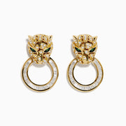 The Signature 14K Yellow Gold Diamond and Emerald Panther Earrings feature green eyes and diamond accents, with each panther holding a diamond-studded hoop in its mouth, displayed on a white background.