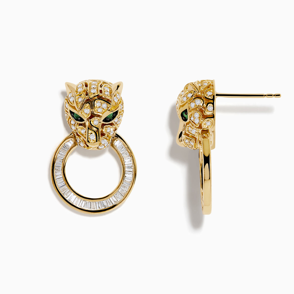 The Signature 14K Yellow Gold Diamond and Emerald Panther Earrings feature green eyes and diamond accents, with each panther holding a diamond-studded hoop in its mouth, displayed on a white background.