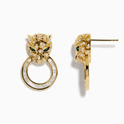 The Signature 14K Yellow Gold Diamond and Emerald Panther Earrings feature green eyes and diamond accents, with each panther holding a diamond-studded hoop in its mouth, displayed on a white background.