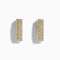 The 14K Two Tone White and Yellow Diamond Hoop Earrings feature a central row of yellow diamonds bordered by small white diamonds in a rectangular design, set in stunning silver or white gold, displayed on a white background.