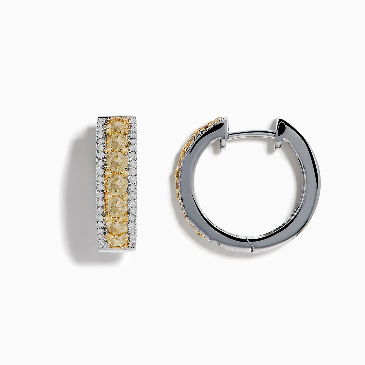 The 14K Two Tone White and Yellow Diamond Hoop Earrings feature a central row of yellow diamonds bordered by small white diamonds in a rectangular design, set in stunning silver or white gold, displayed on a white background.