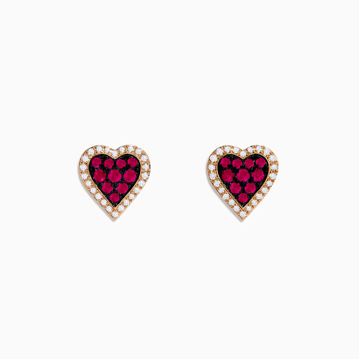 14K Rose Gold Ruby and Diamond Heart Earrings featuring red rubies at the center, bordered by small diamonds, displayed on a white background.