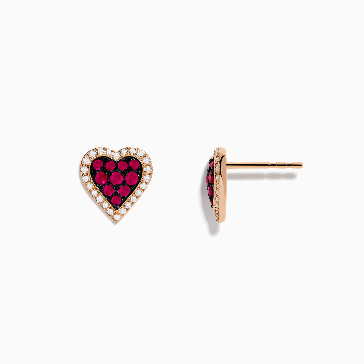 14K Rose Gold Ruby and Diamond Heart Earrings featuring red rubies at the center, bordered by small diamonds, displayed on a white background.