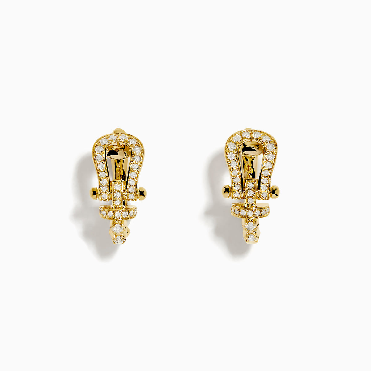 The Novelty 14K Yellow Gold Diamond Horseshoe Hoop Earrings feature a unique latch-shaped design with sparkling diamonds, shown on a white background.