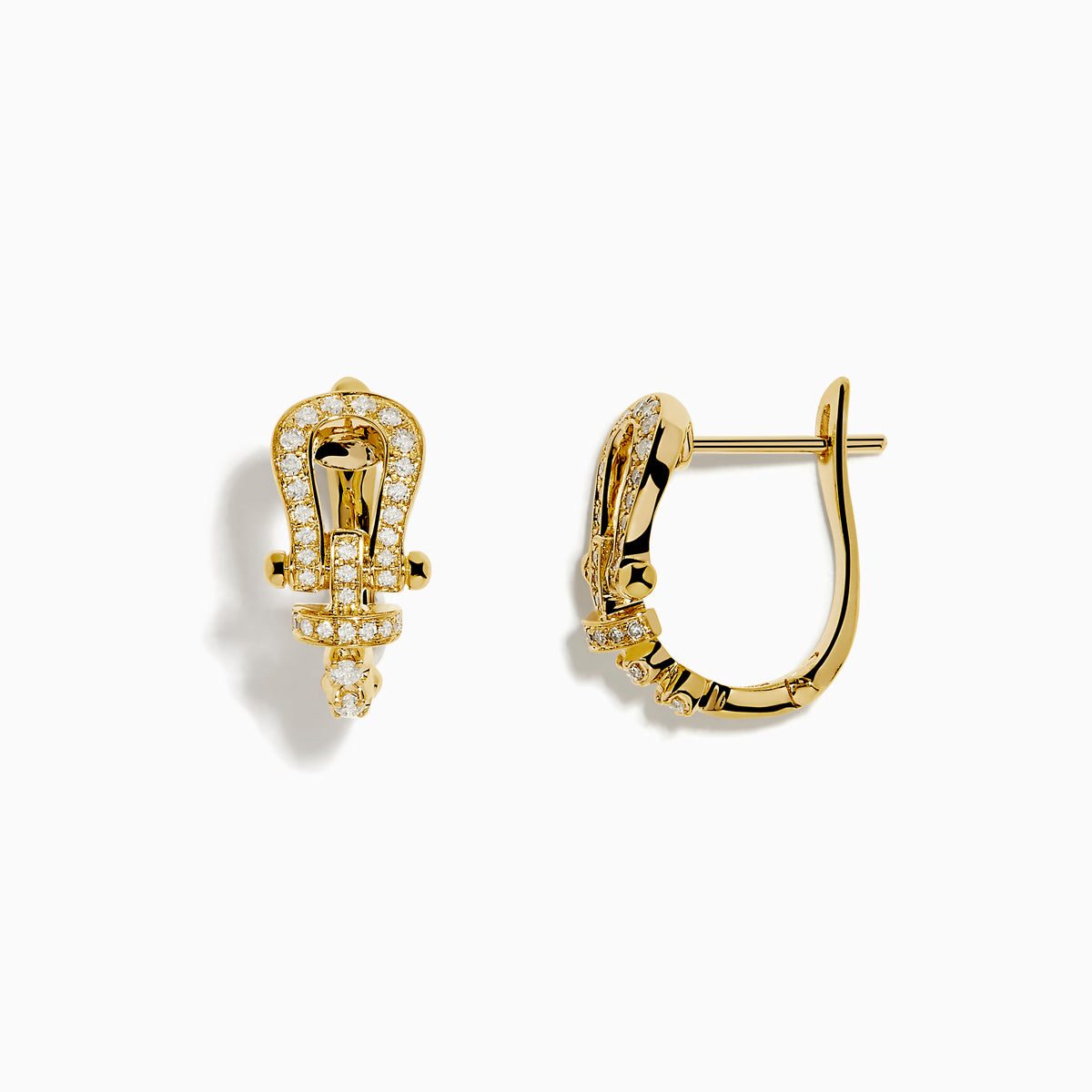 The Novelty 14K Yellow Gold Diamond Horseshoe Hoop Earrings feature a unique latch-shaped design with sparkling diamonds, shown on a white background.