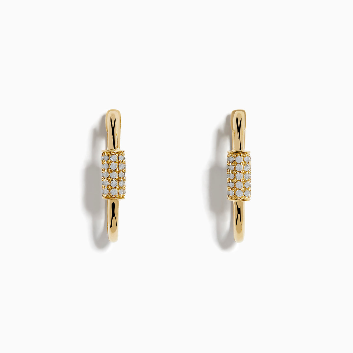 A pair of 14K Yellow Gold Diamond Hoop Earrings featuring a rectangular section with sparkling white stones, shown against a plain white background.