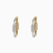 A pair of 14K Yellow Gold Diamond Hoop Earrings featuring a rectangular section with sparkling white stones, shown against a plain white background.