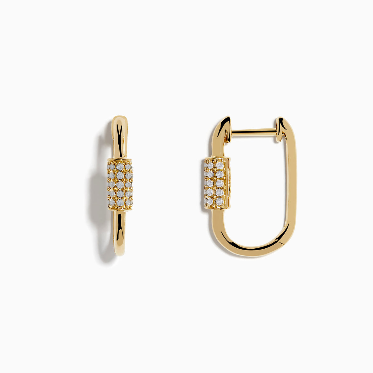 A pair of 14K Yellow Gold Diamond Hoop Earrings featuring a rectangular section with sparkling white stones, shown against a plain white background.